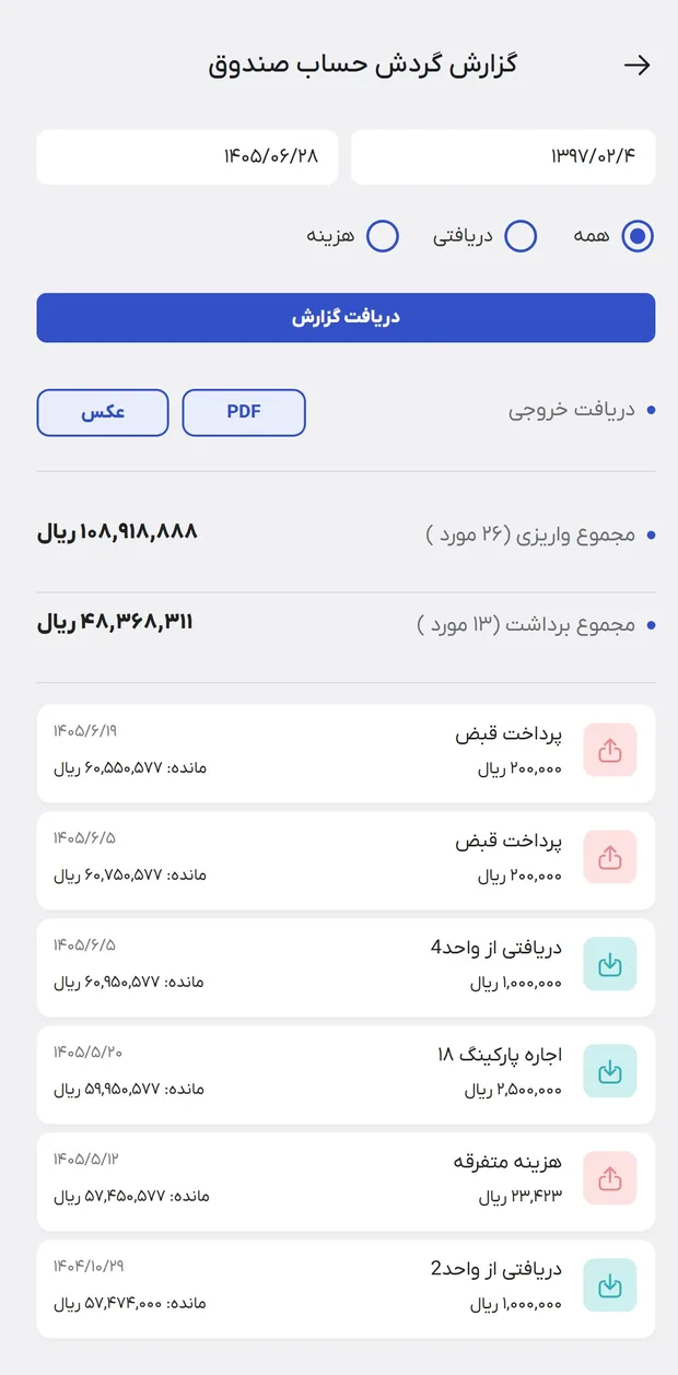 گزارش گردش حساب صندوق ساختمان در شارژپی با خروجی PDF و عکس